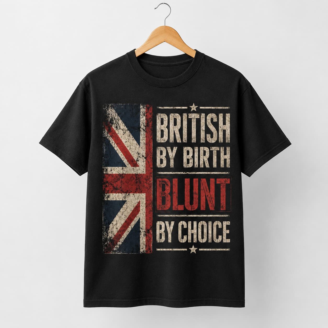 British By Birth Blunt By Choice t-shirt on a hanger