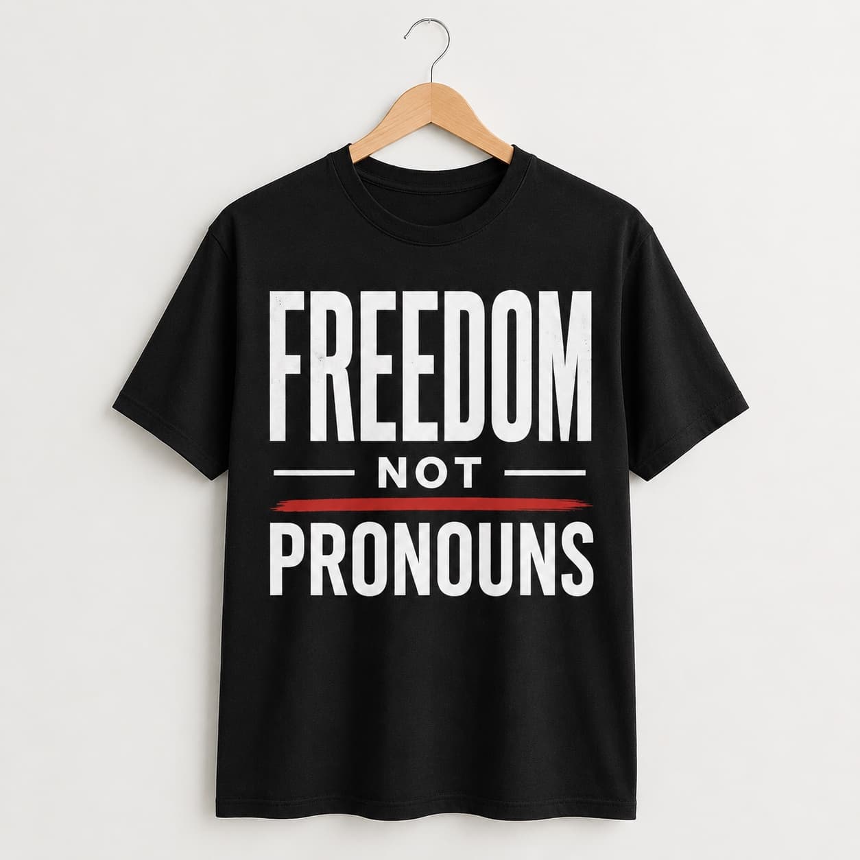 Freedom Not Pronouns t-shirt on a hanger