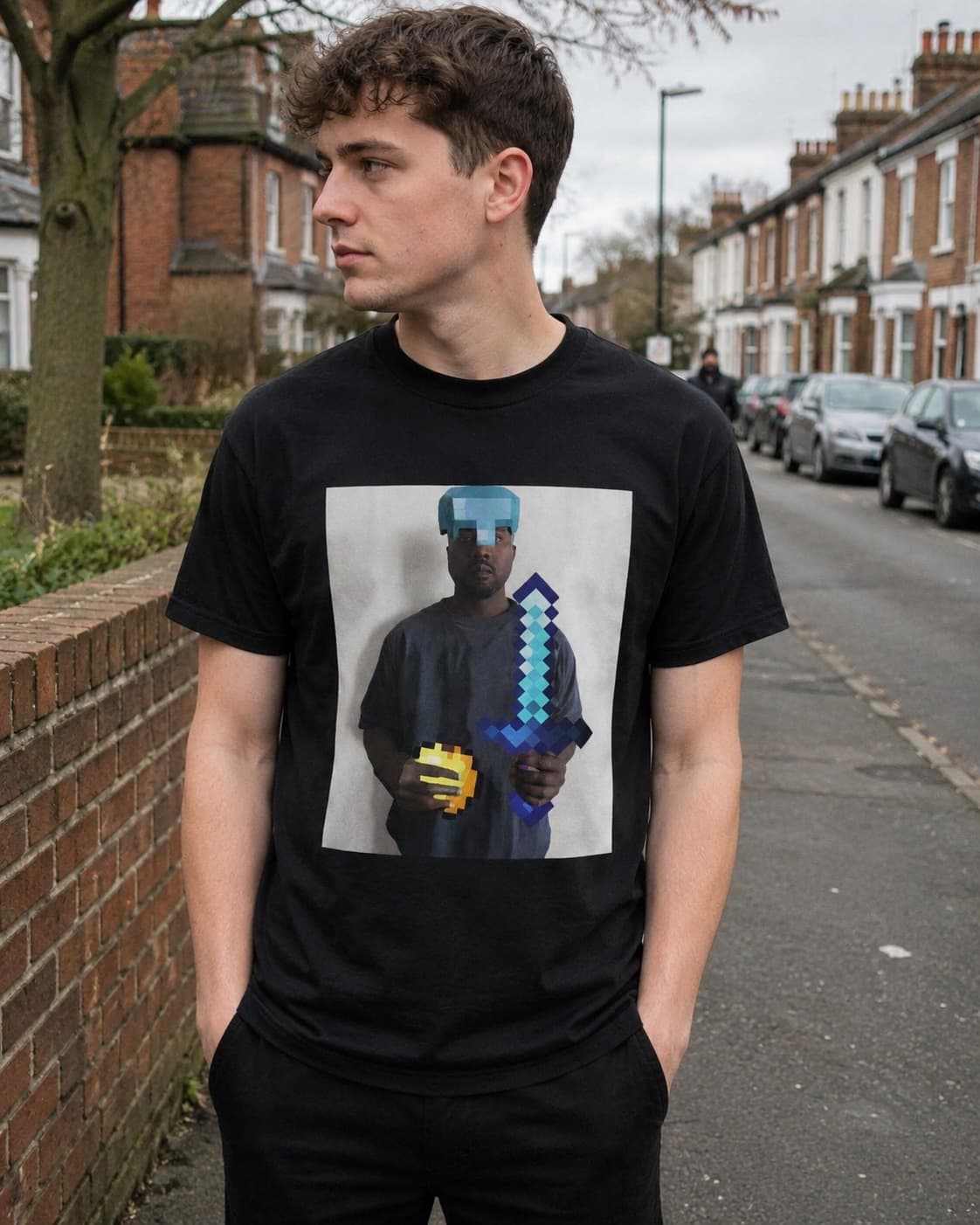 Minecraft Kanye T-shirt worn, lifestyle shot