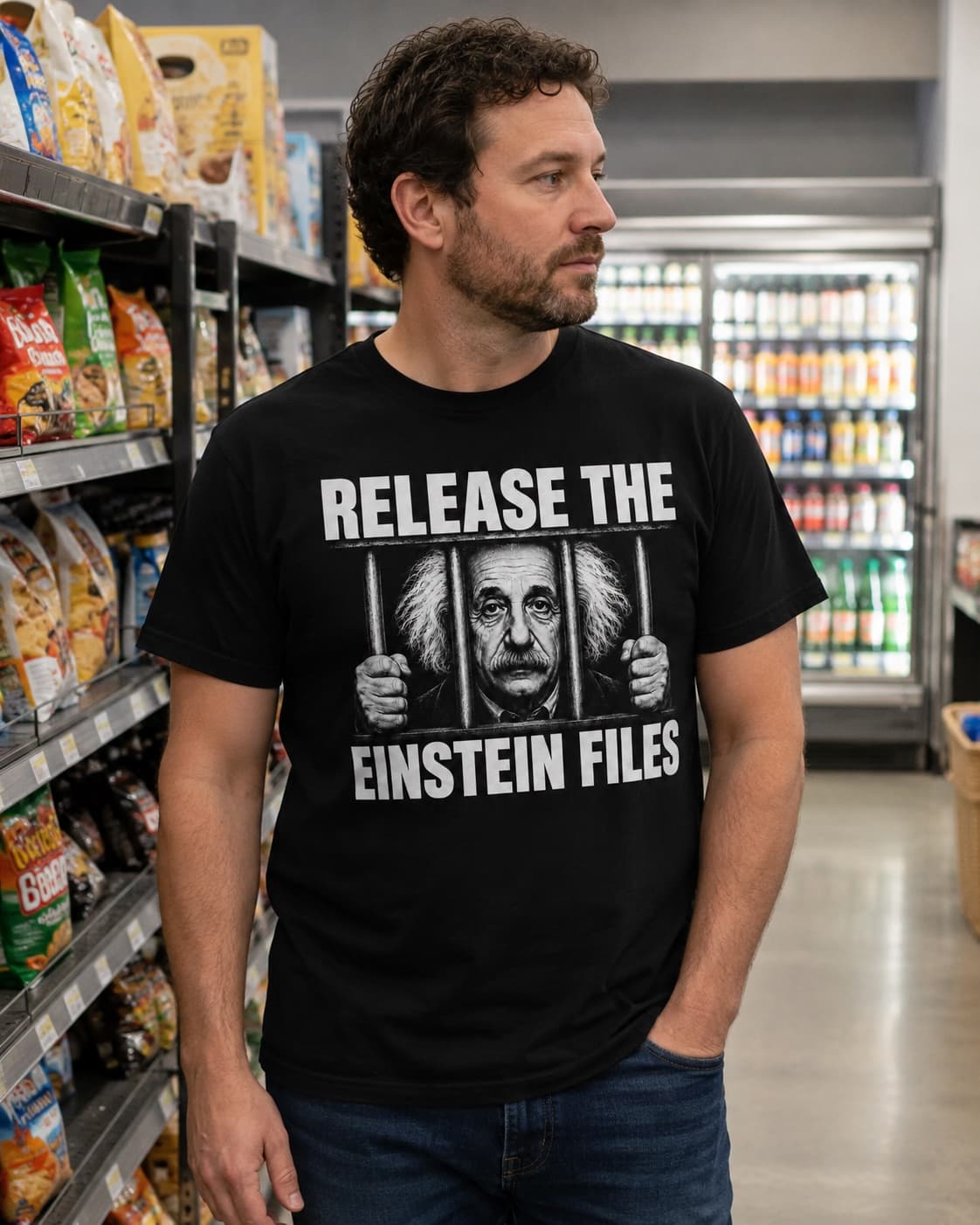 Release the Einstein Files T-shirt worn, lifestyle shot