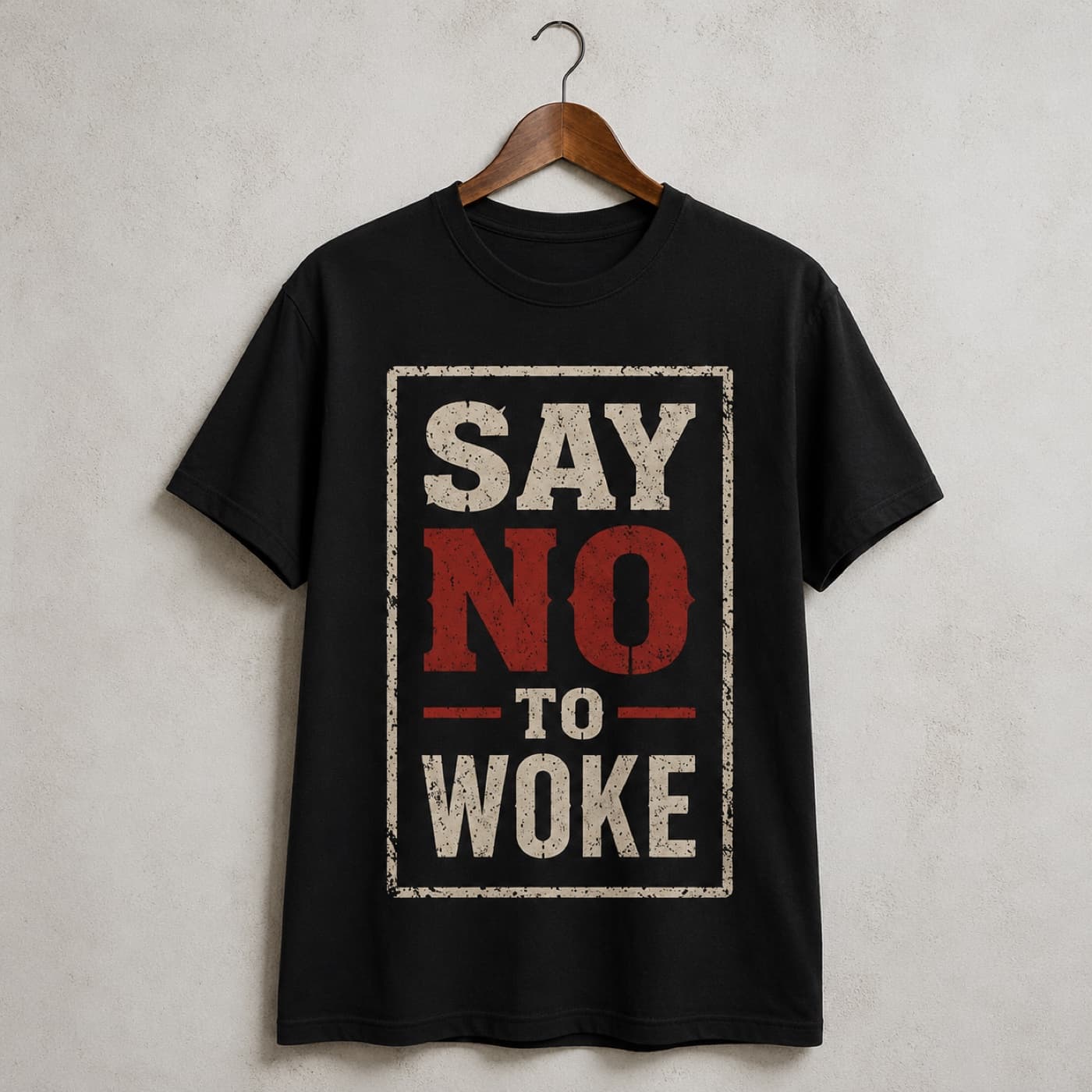 Say No To Woke t-shirt on a hanger