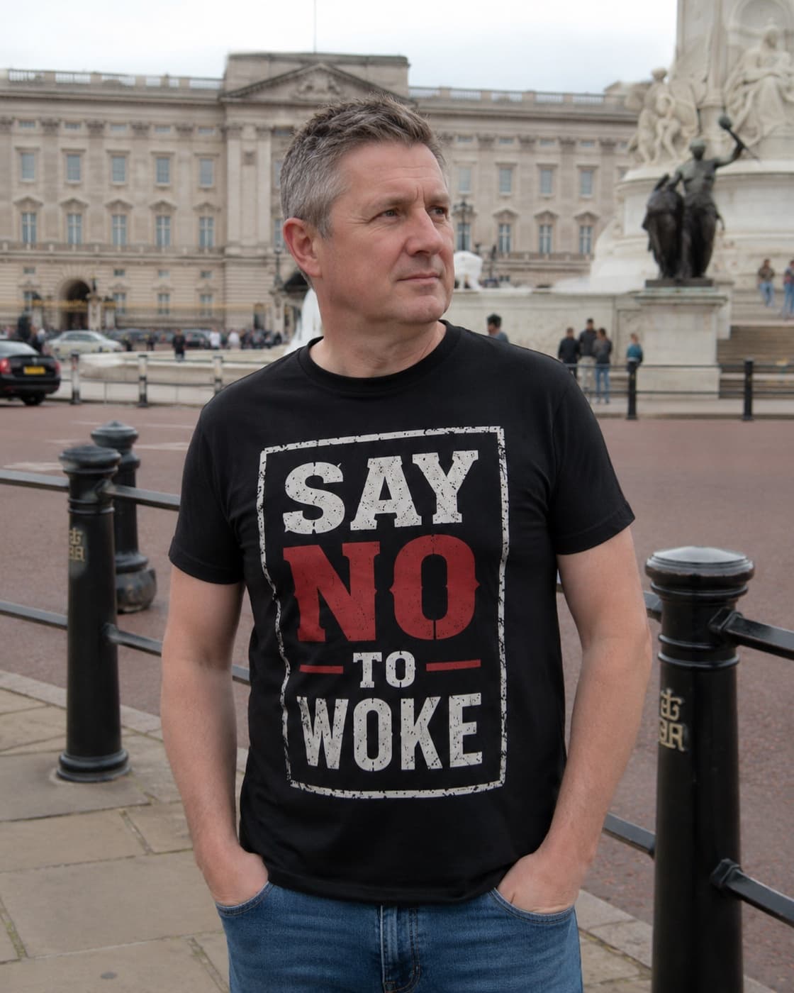 Say No To Woke T-shirt worn, lifestyle shot