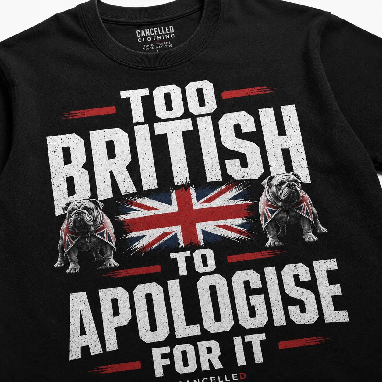 Too British To Apologise For It t-shirt on a hanger