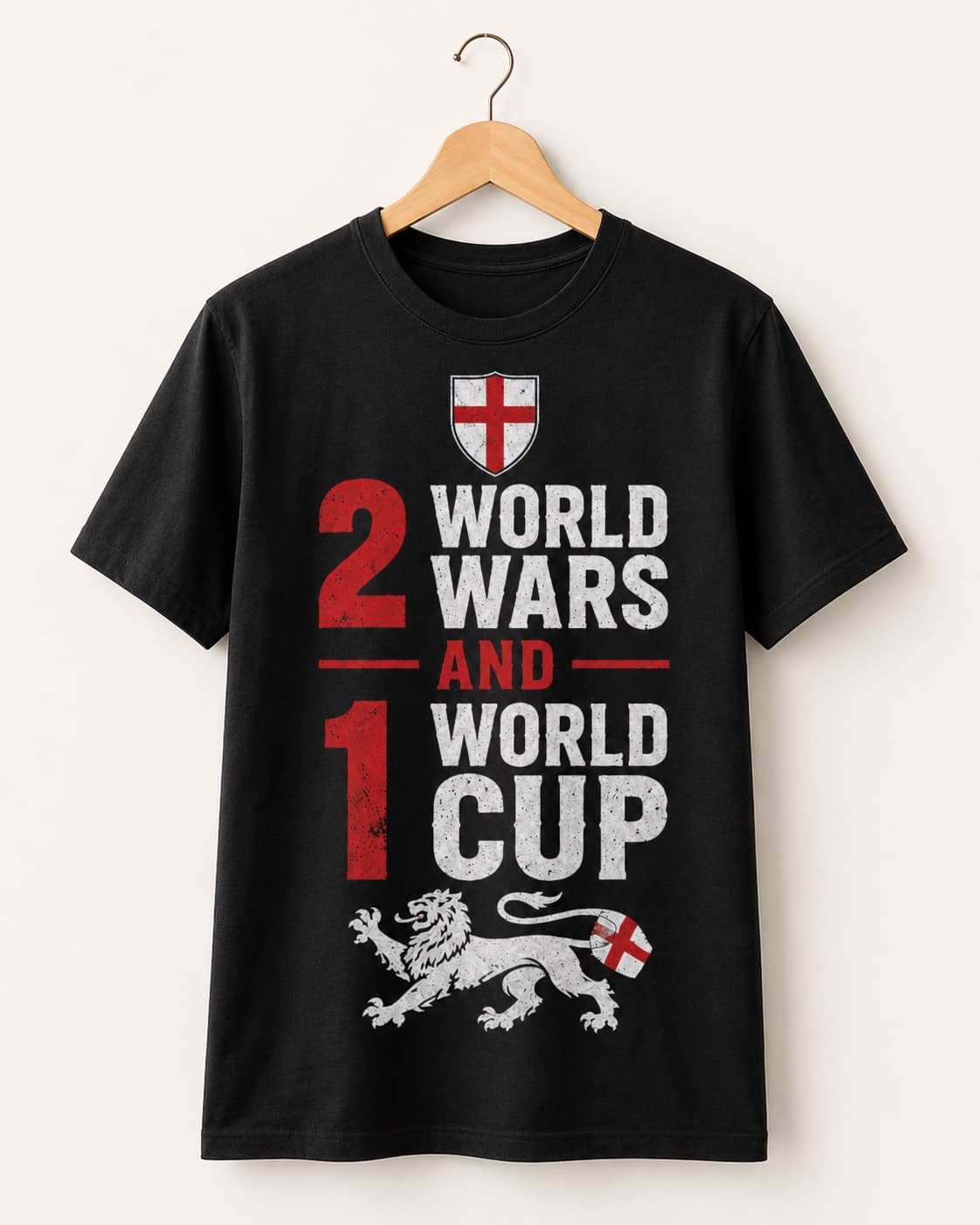 2 World Wars 1 World Cup t-shirt on a hanger