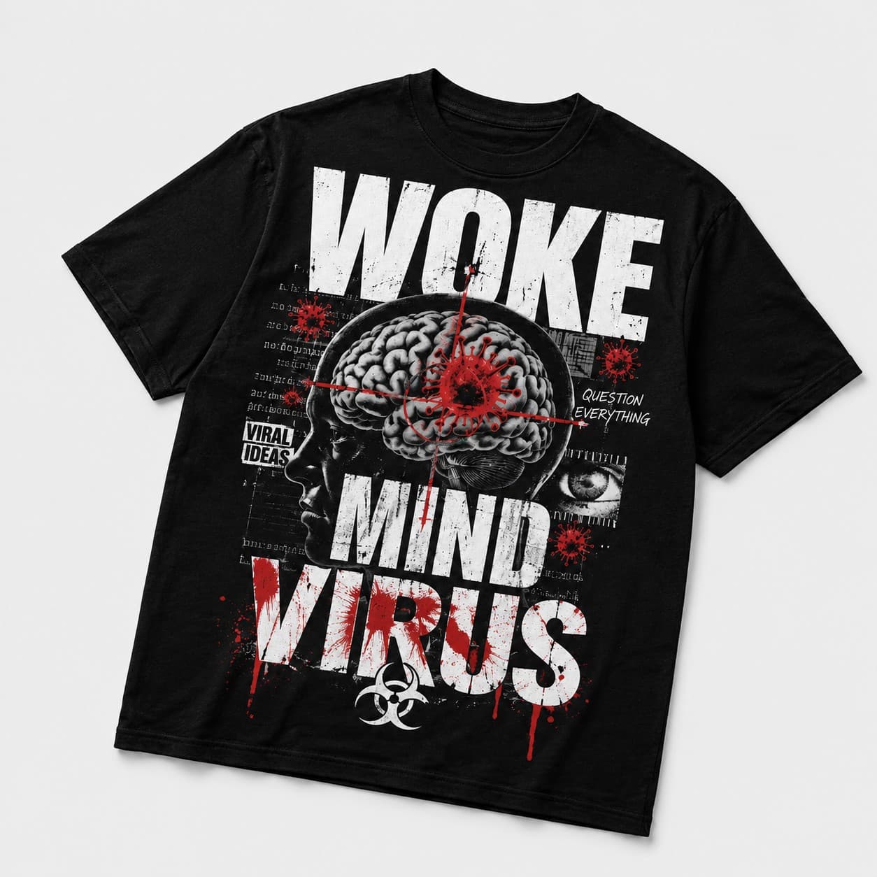Woke Mind Virus t-shirt on a hanger